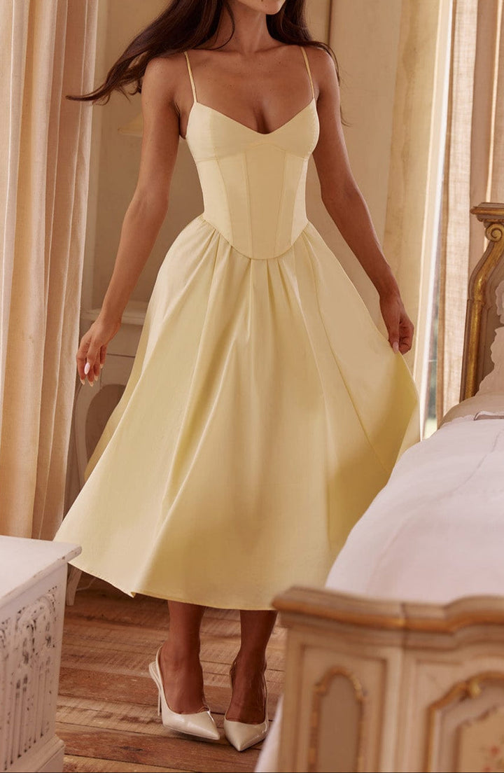 Elegant women's corset midi dress with spaghetti straps and A-line skirt, perfect for formal events & weddings.