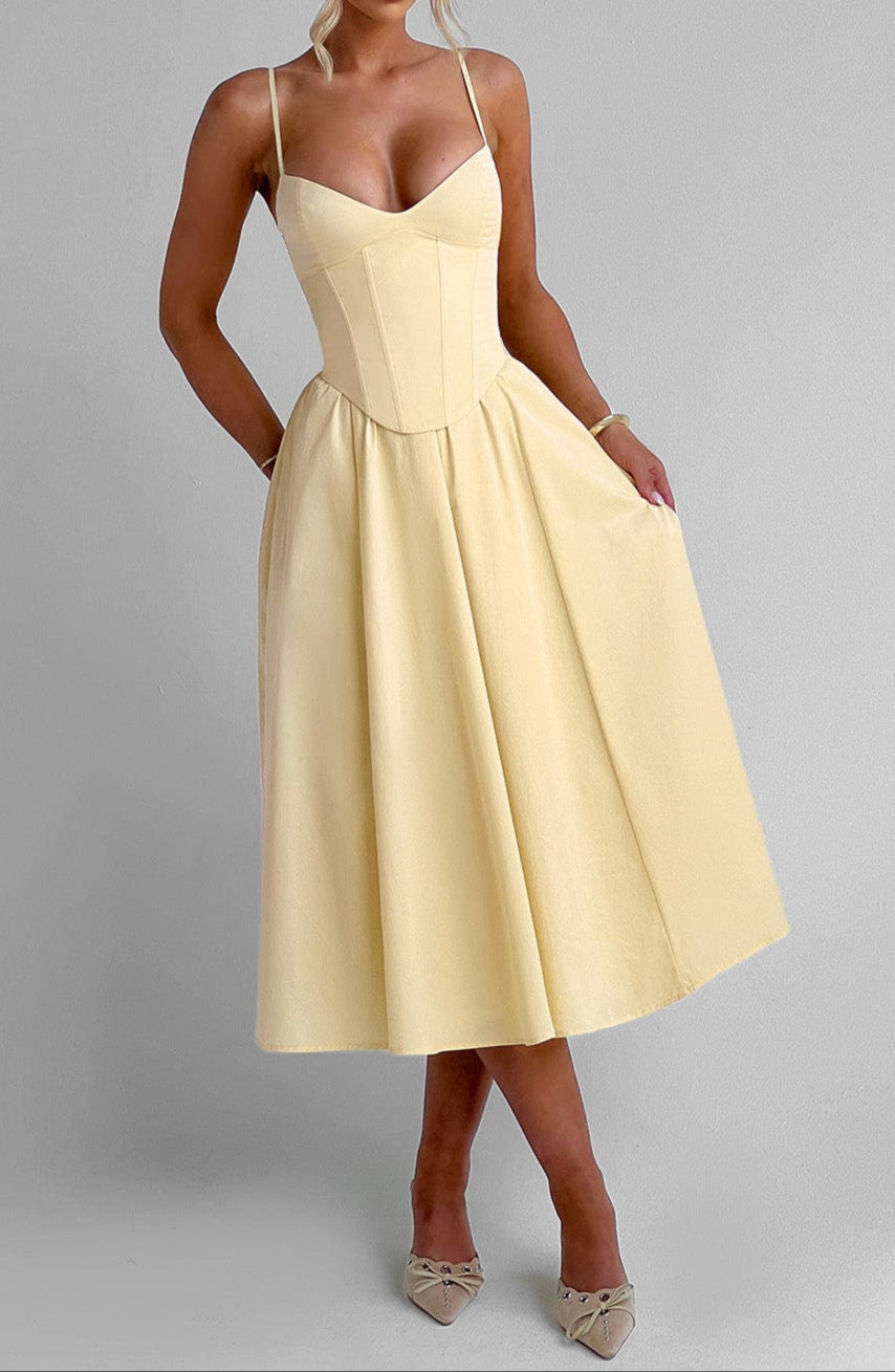 Formal corset midi dress for women, featuring a flattering A-line silhouette & delicate spaghetti straps.