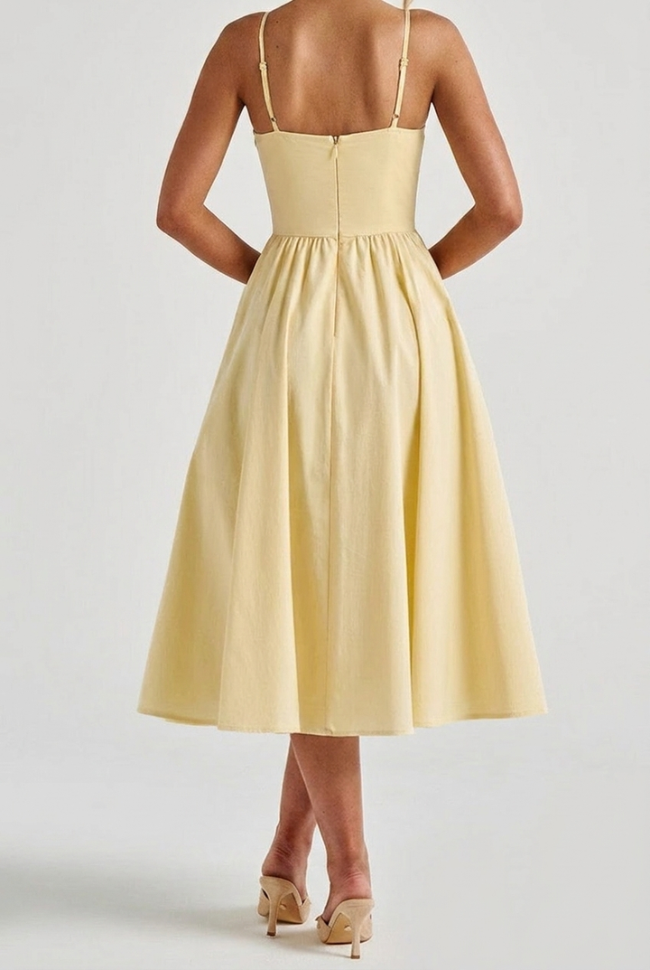 Chic A-line spaghetti strap midi dress, an elegant formal occasion wear or wedding guest corset dress.