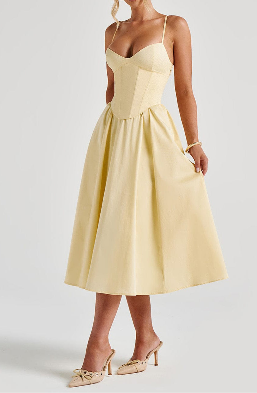 Stylish women's formal A-line midi dress featuring a structured corset bodice and thin spaghetti straps.