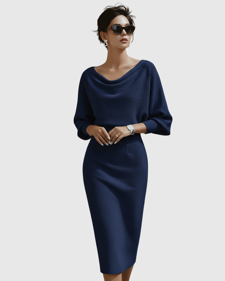 Elegant women's cowl neck midi dress with sophisticated batwing sleeves, ideal for autumn evenings.