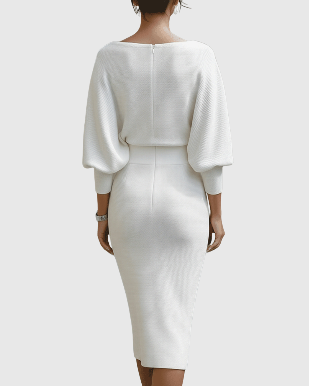 Chic women's sophisticated cowl neck midi dress with elegant batwing sleeves for modern fashion.