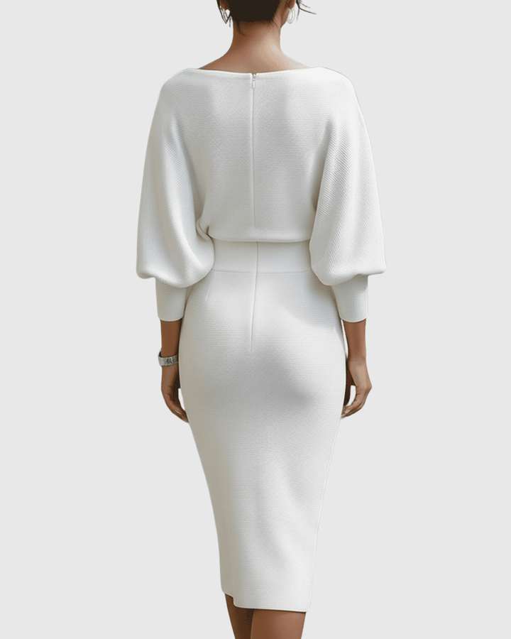 Chic women's sophisticated cowl neck midi dress with elegant batwing sleeves for modern fashion.