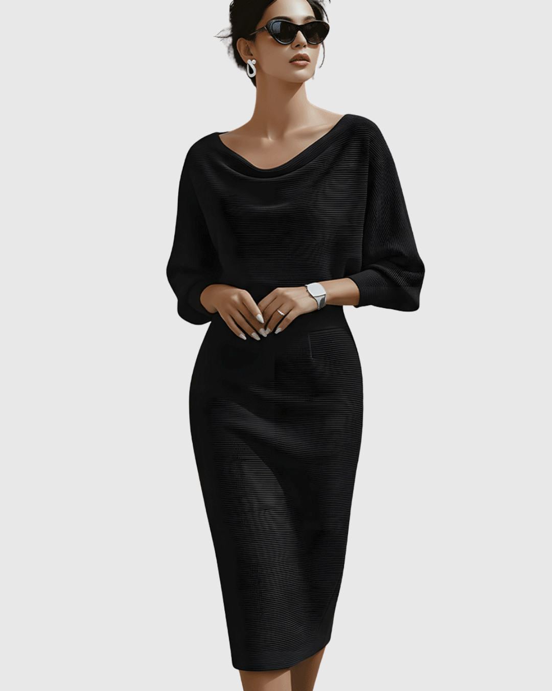Classic women's formal midi dress featuring a stylish cowl neck and graceful batwing sleeves.