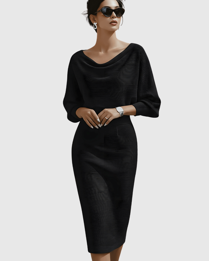 Classic women's formal midi dress featuring a stylish cowl neck and graceful batwing sleeves.