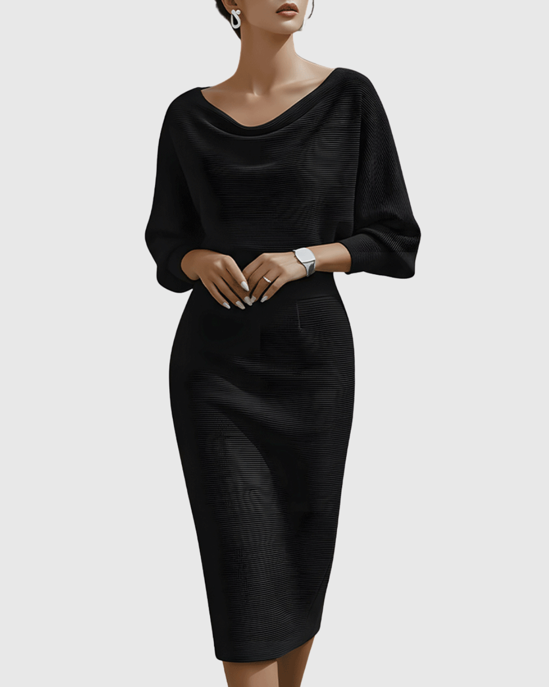Comfortable women's batwing sleeve midi dress with a chic cowl neck, perfect for evening wear.