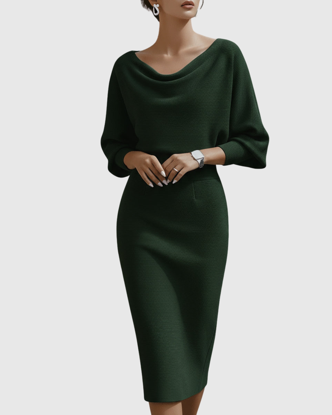 Versatile women's cowl neck midi dress with batwing sleeves, suitable for cocktail or formal events.