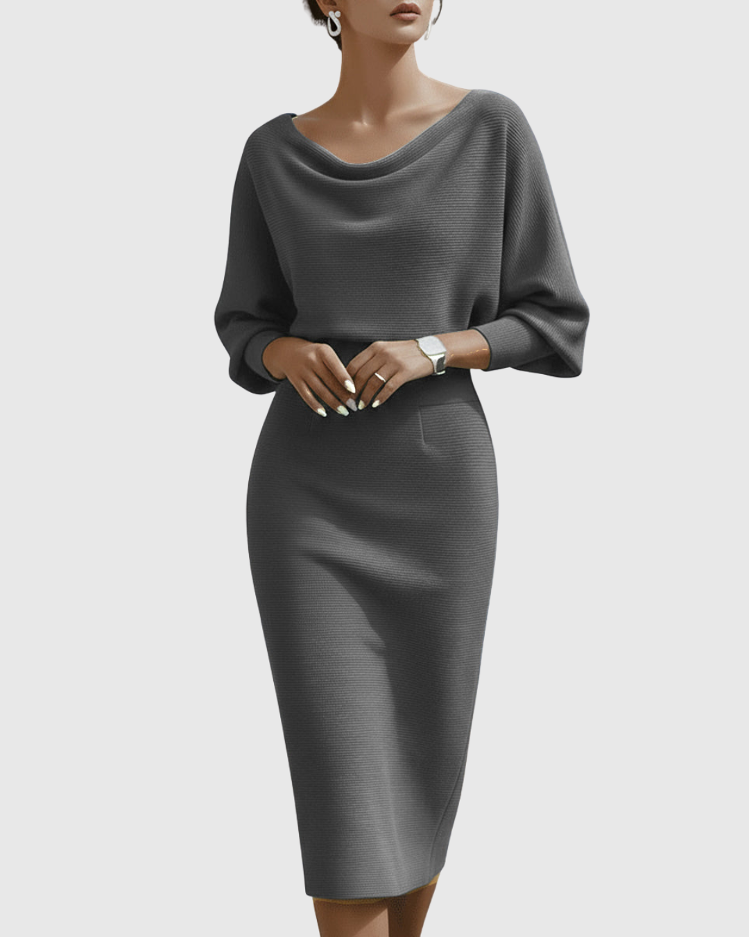Sophisticated women's midi dress, featuring a flattering cowl neck and elegant batwing sleeves design.