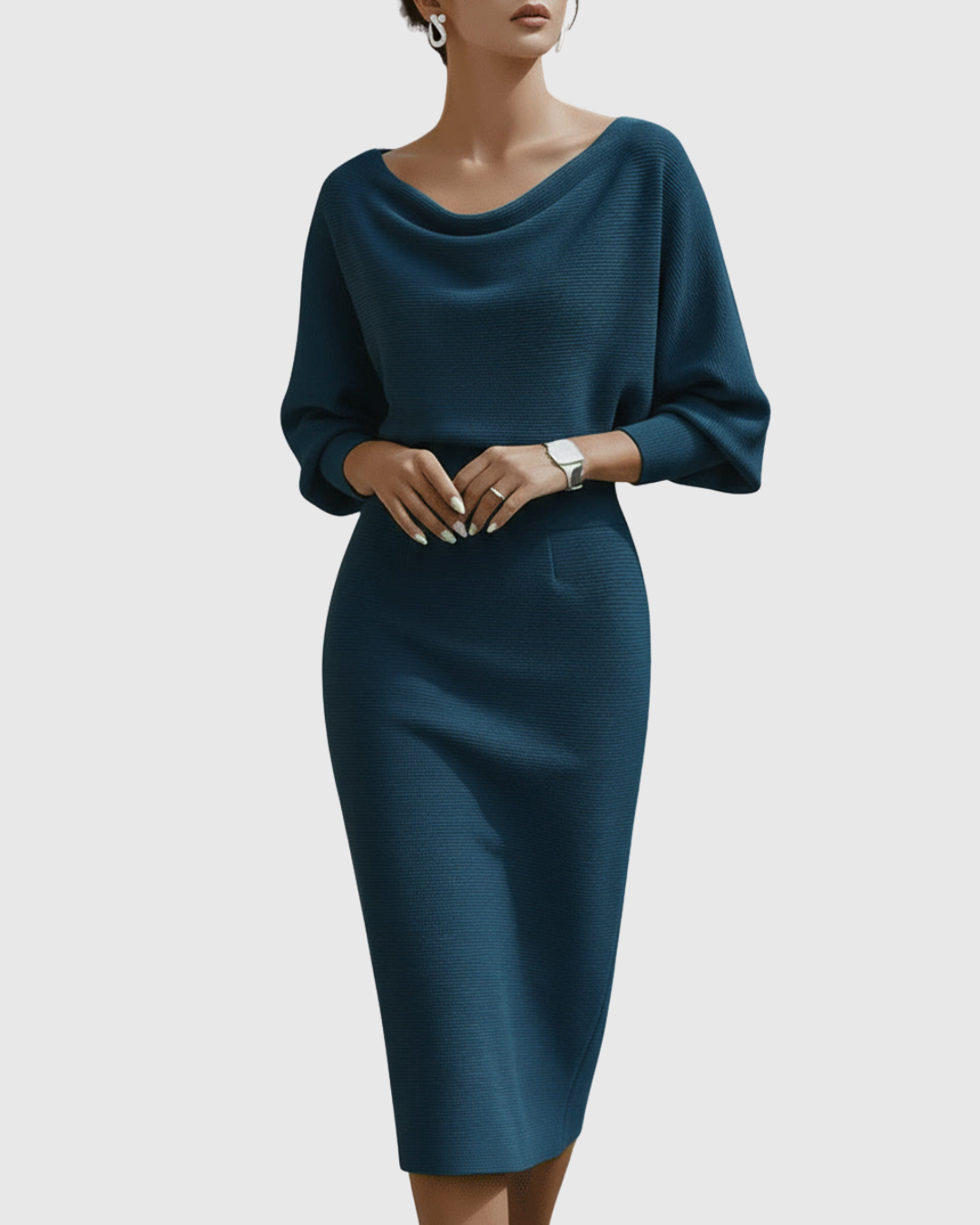 Autumn fashion women's cowl neck midi dress with flowing batwing sleeves, an elegant choice.