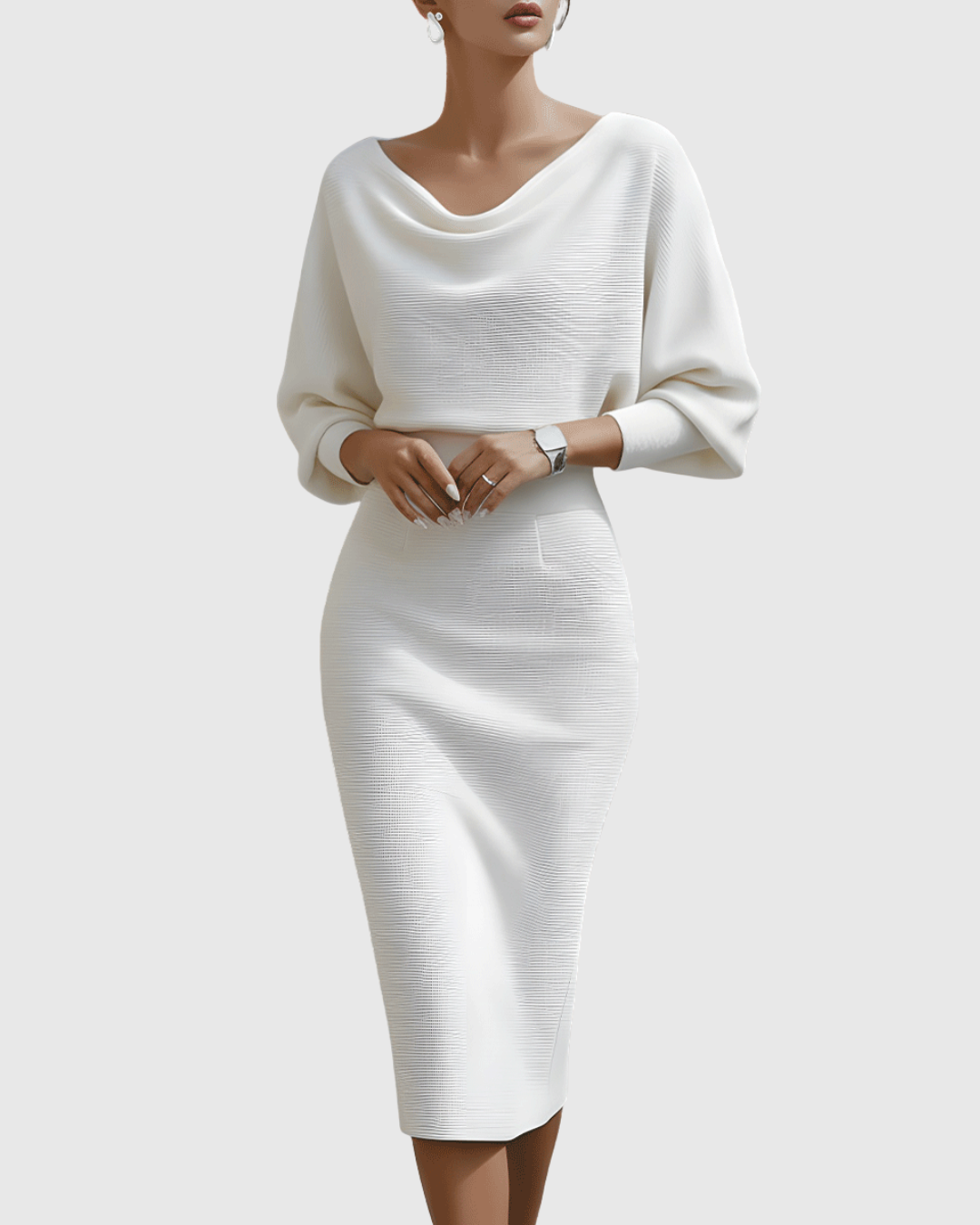 Elegant women's evening midi dress, featuring a stylish cowl neck and dramatic batwing sleeves.