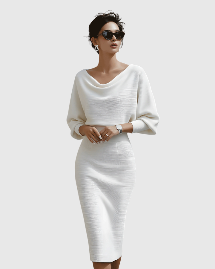 Women's formal midi dress with a pencil skirt silhouette, cowl neck, and sophisticated batwing sleeves.