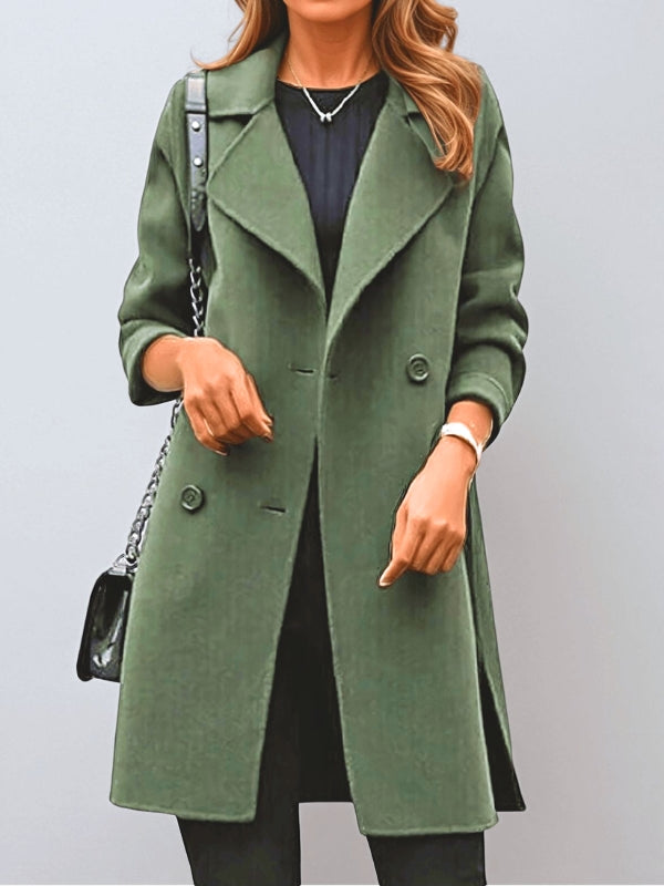 Women's long trench coat, double-breasted design with lapel. Versatile outerwear for spring & autumn.
