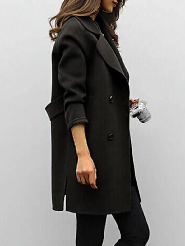 Fashionable women's long trench coat, double-breasted with lapel. A timeless and elegant outerwear choice.