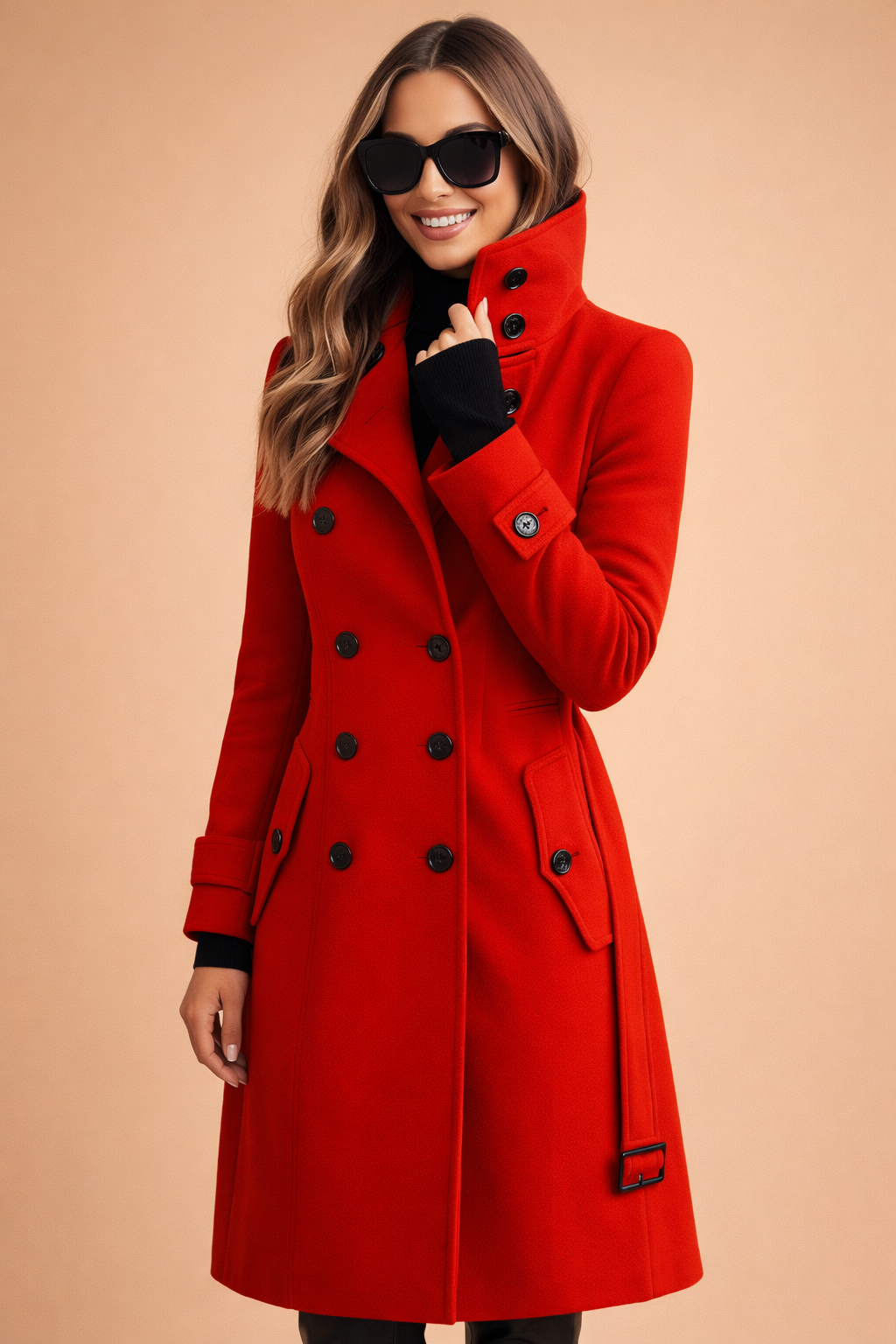 Elegant women's double-breasted long winter coat with a high neck, perfect for chic cold-weather fashion.