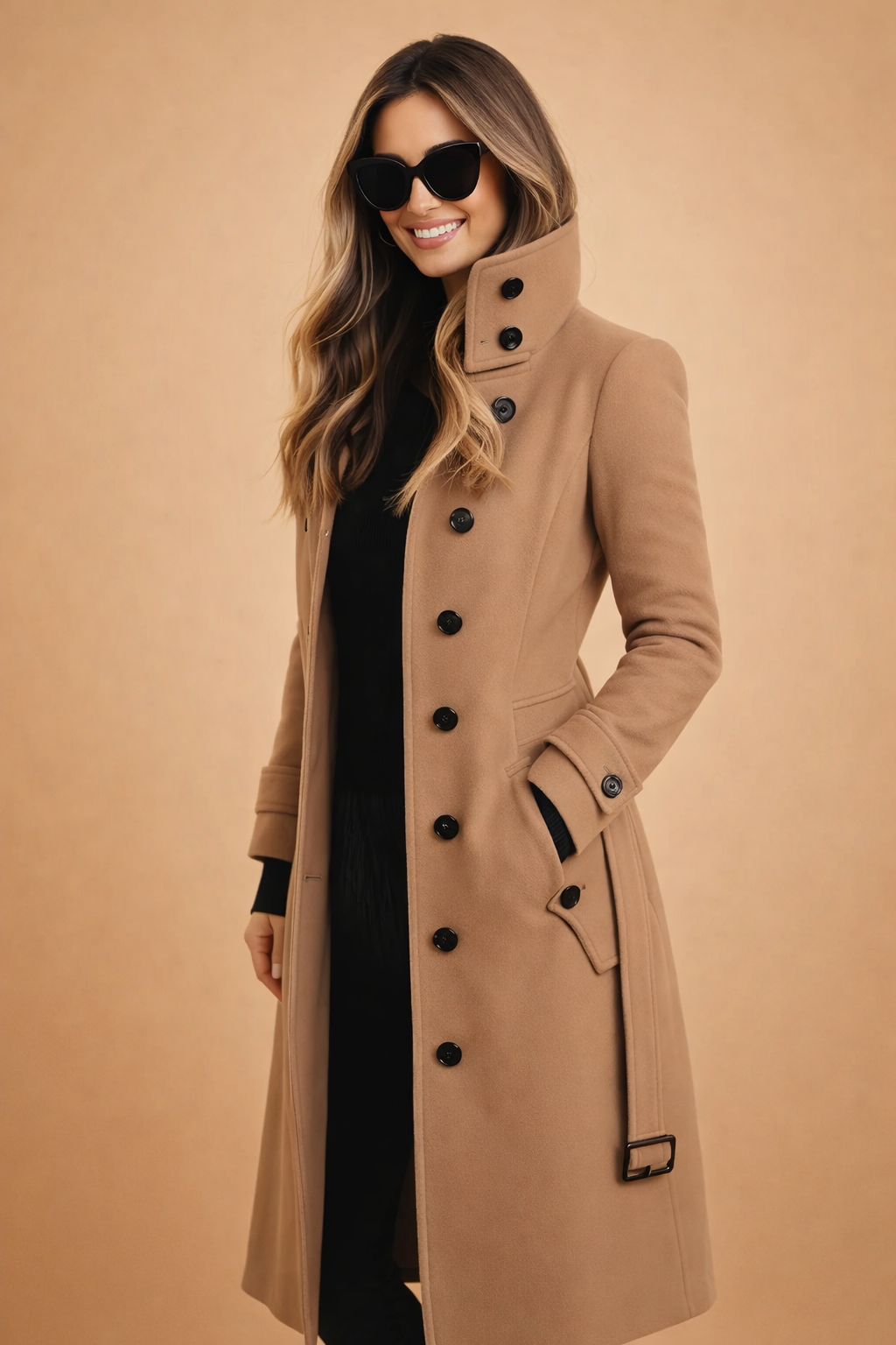 Warm women's long double-breasted winter coat featuring a stylish high collar, ideal for outerwear.