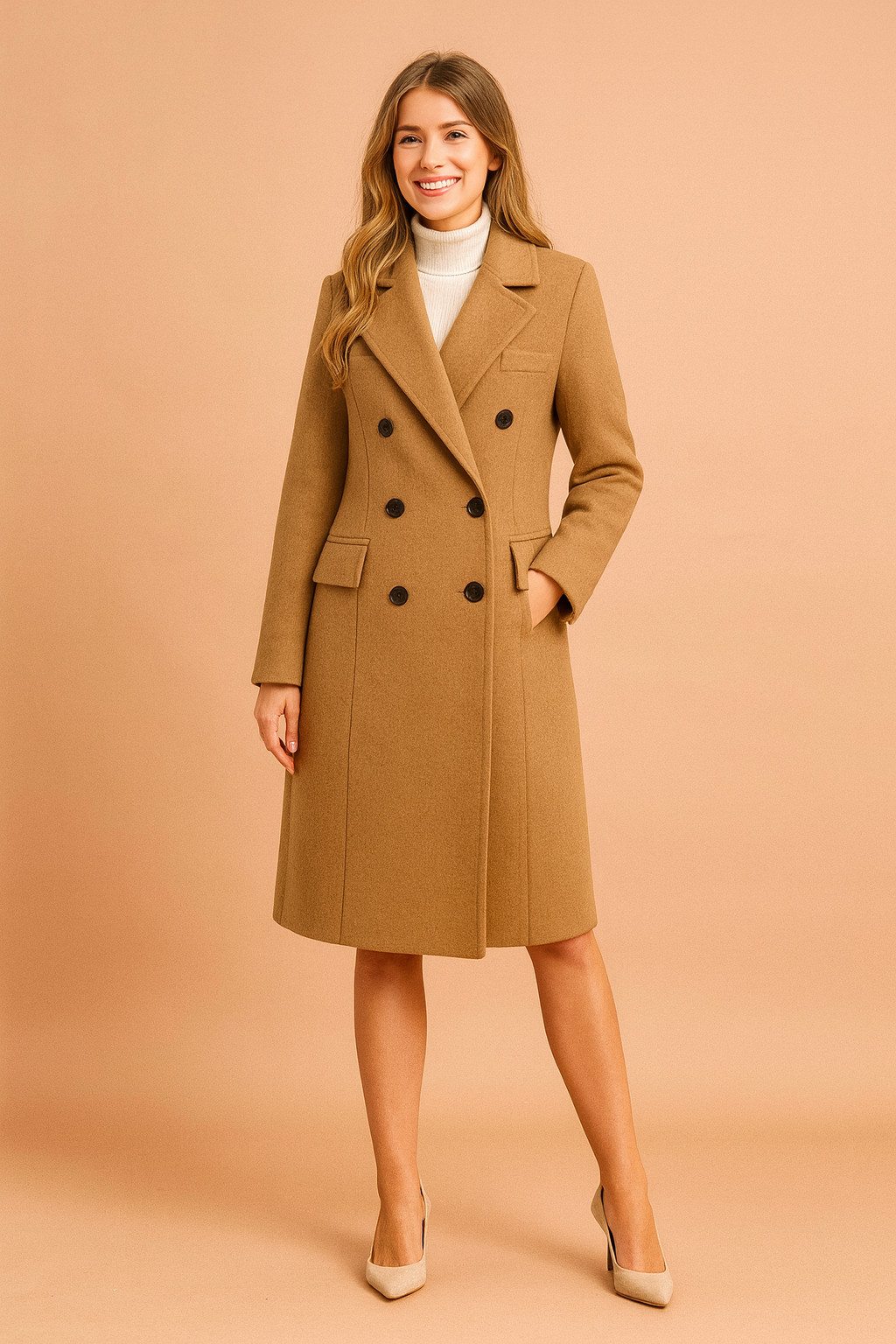 Classic ladies' long double-breasted winter trench coat, a stylish piece of outerwear for seasonal fashion.