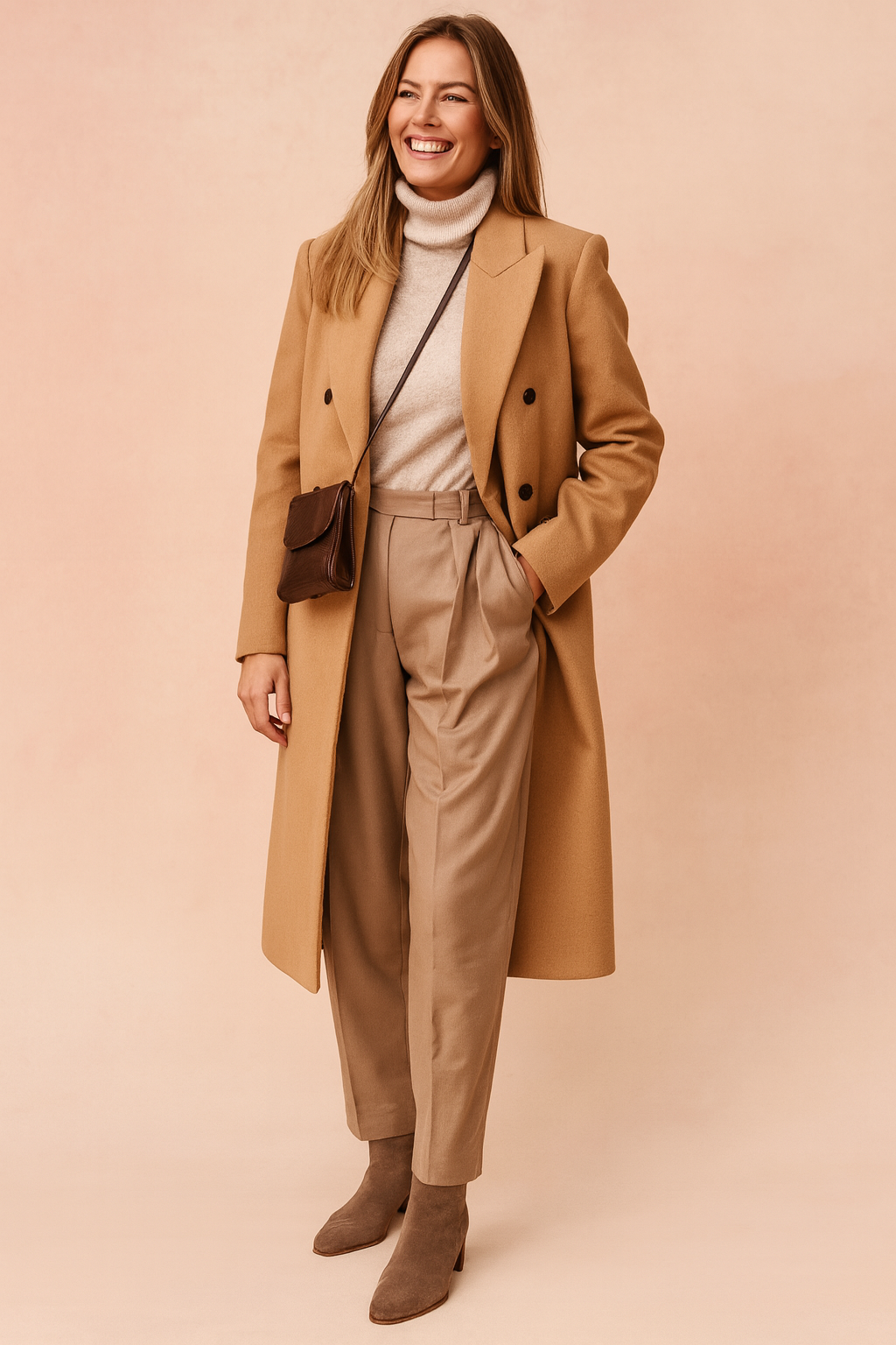 Elegant women's double-breasted winter coat in khaki. Classic long outerwear, perfect for office or casual sophisticated style.