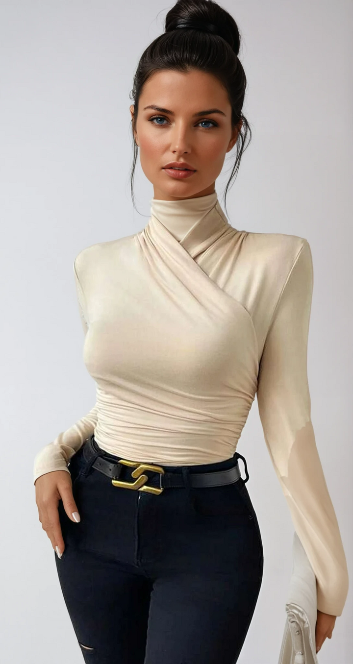 Elegant women's draped crossover long sleeve top, perfect for versatile day-to-night styling.