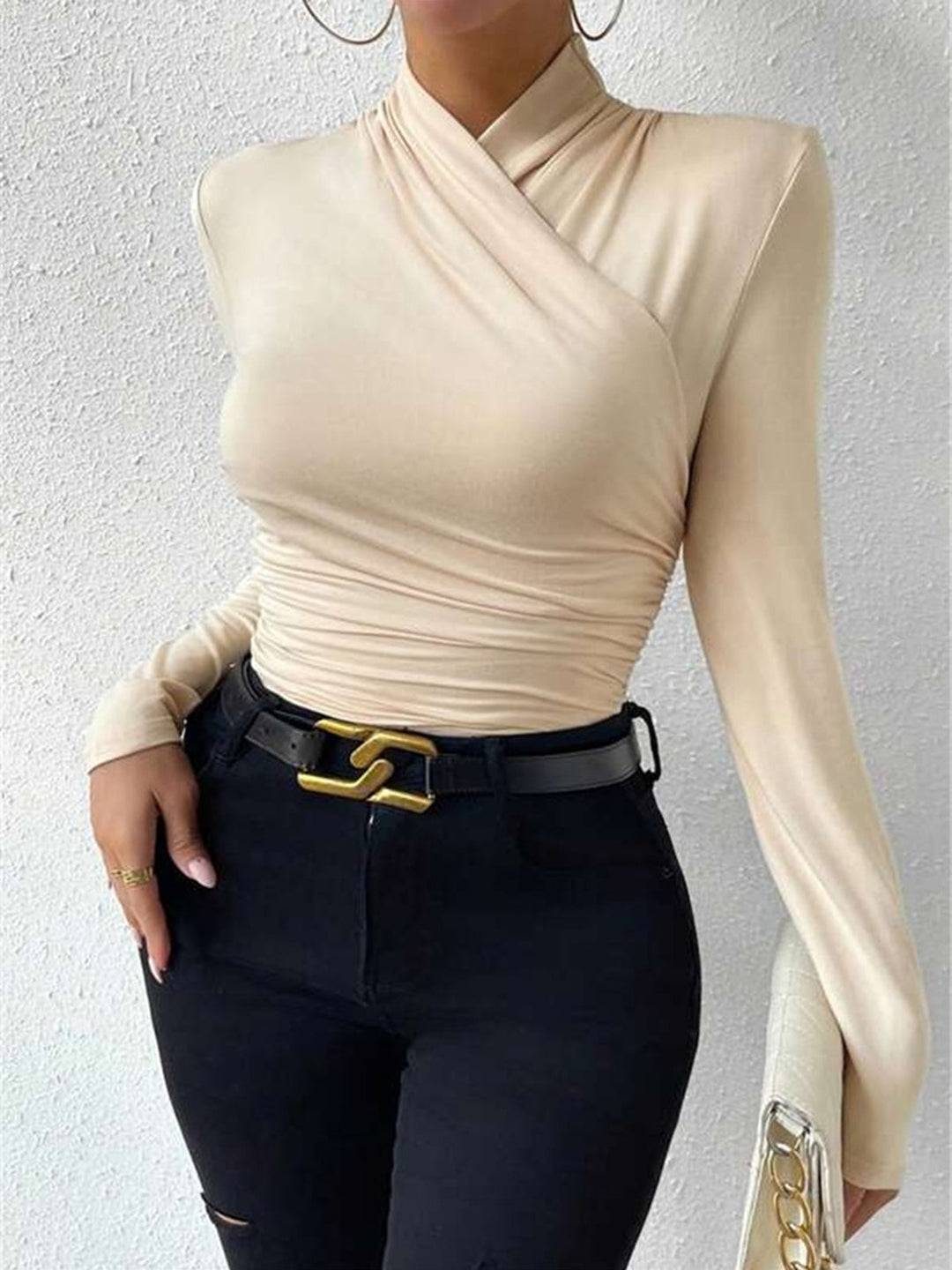 Versatile women's elegant slim fit crossover top with graceful draping, ideal for autumn/winter fashion.