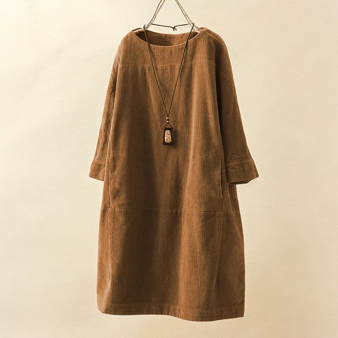 Casual elegant draped dress for women, flattering tummy, comfortable everyday style.