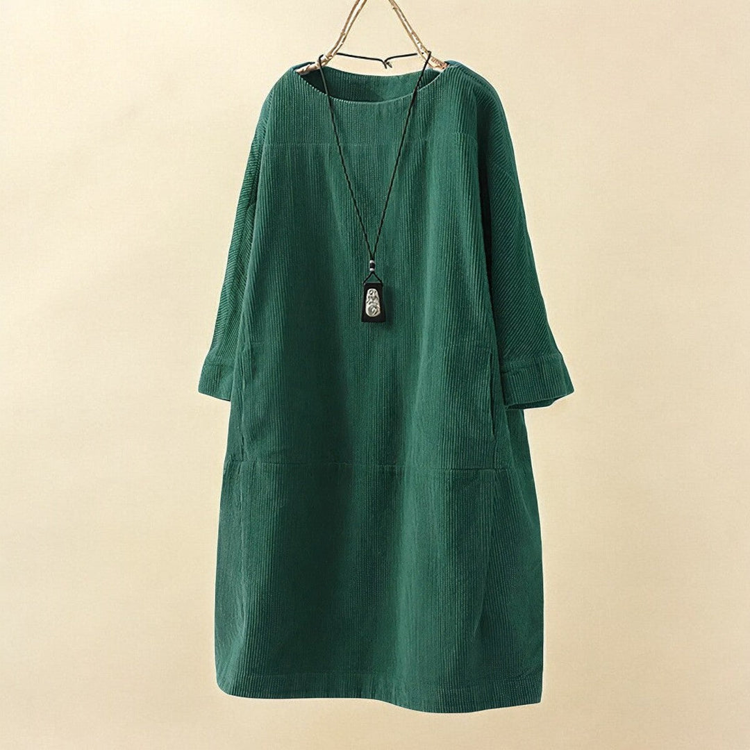 Versatile women's draped dress, elegant yet casual, for flattering curvy figures.