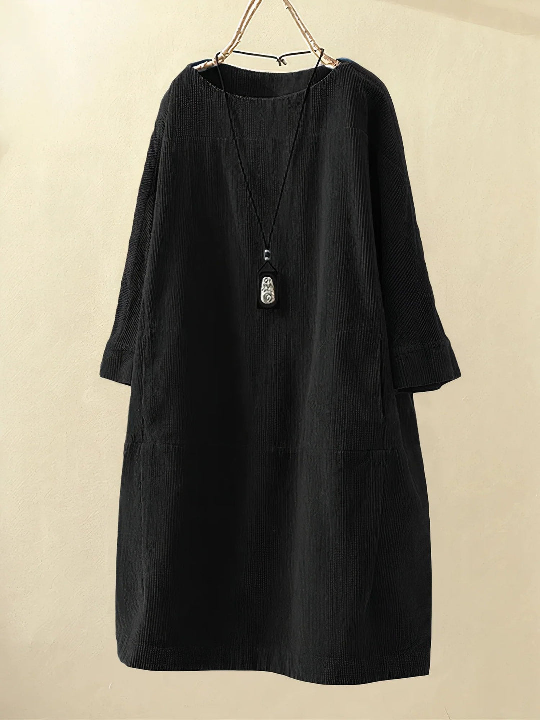 Women's elegant draped dress, tummy flattering & comfortable for curvy everyday wear.