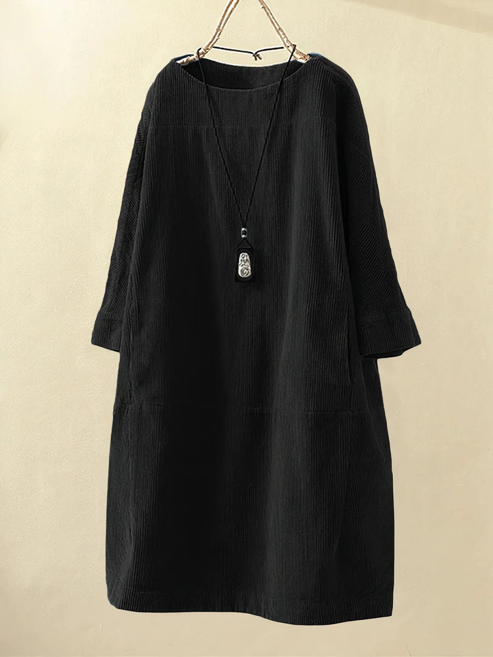 Women's elegant draped dress, tummy flattering & comfortable for curvy everyday wear.