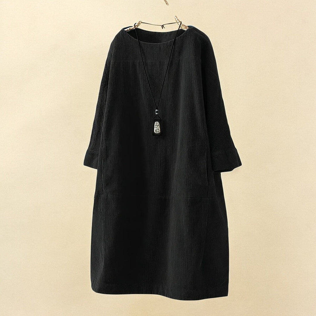 Chic women's draped dress, elegant and flattering, offering tummy control for comfort.