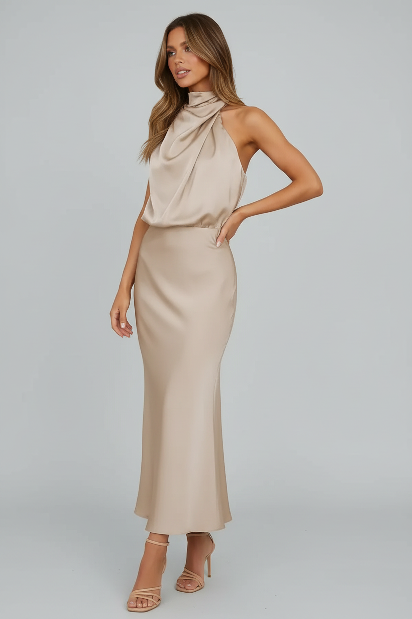 Elegant Women's Elodie Halter Midi Dress, perfect for formal events & special occasions. Flattering fit.