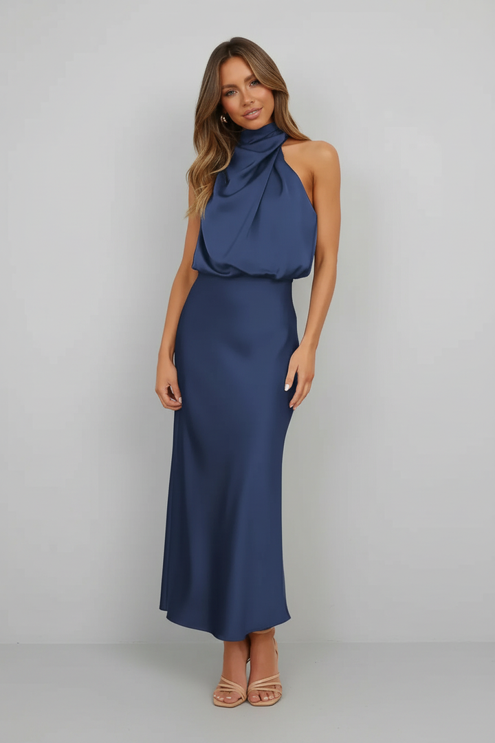 Flattering Elodie Halter Midi Dress. Womens elegant formal party cocktail dress. Sleek design.