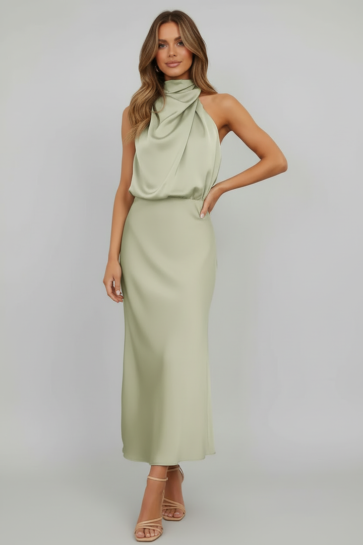Beautiful Women's Halter Midi Dress. Elegant evening wear, perfect for formal parties & events.