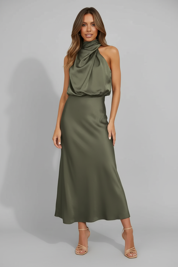 Women's elegant Halter Midi Dress. A flattering choice for formal evening wear, cocktails & parties.