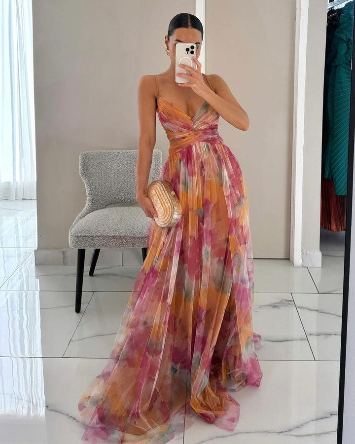 Elegant women's figure-hugging mesh maxi dress, perfect for summer evenings & parties.
