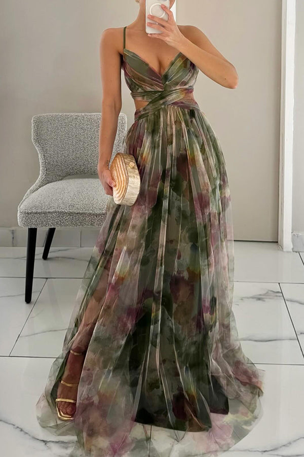 Women's spaghetti strap printed mesh maxi dress, ideal for elegant summer evening events & holidays.