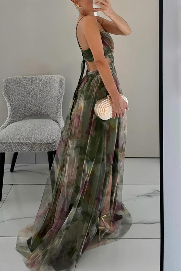 Printed mesh spaghetti strap maxi dress for women, an elegant figure-flattering summer party or evening outfit.