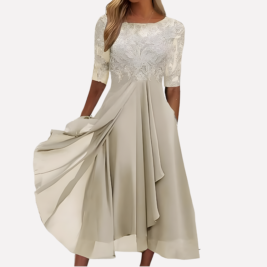Elegant women's floral evening gown with a flowing skirt, perfect for formal events & wedding guests.