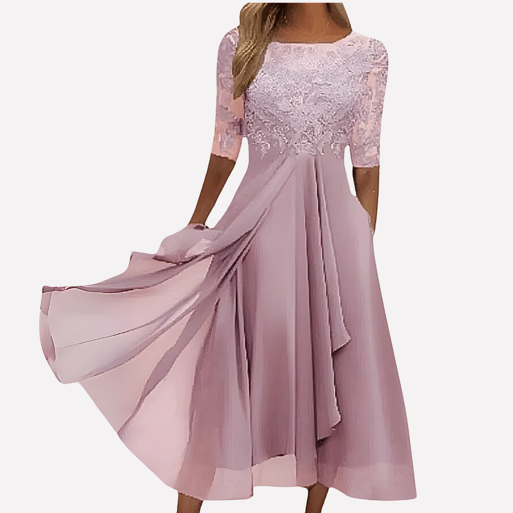 Women's elegant party dress, a floral evening gown with a flowing skirt & ruffled hem for special occasions.