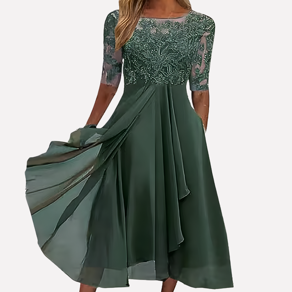 Stunning women's floral formal dress; elegant evening gown with a long flowing skirt, ideal for party wear.