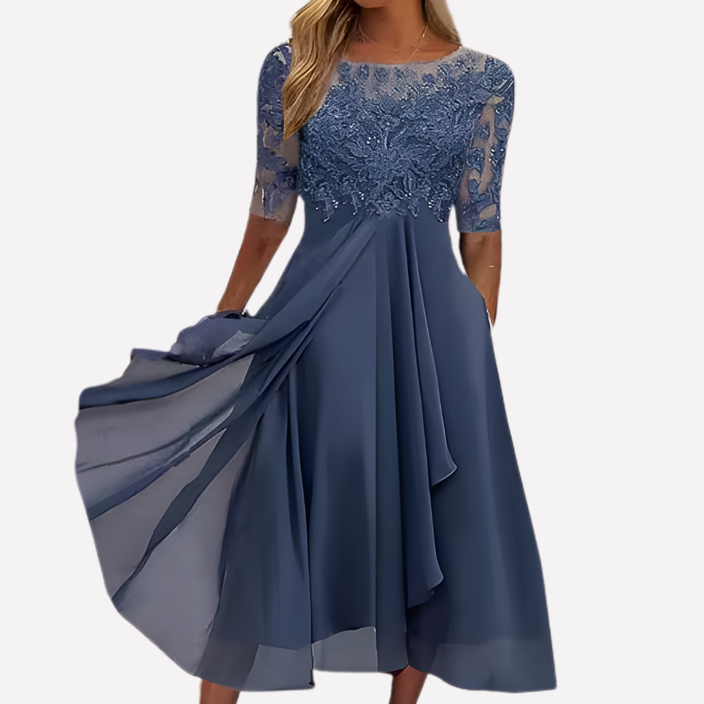 Graceful women's evening gown, elegant floral pattern, flowing skirt, and a sophisticated design for formal events.