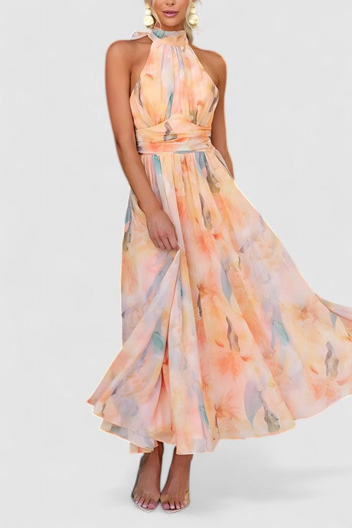 Elegant women's floral halter neck maxi dress for summer parties & vacations. Sleeveless & comfortable.