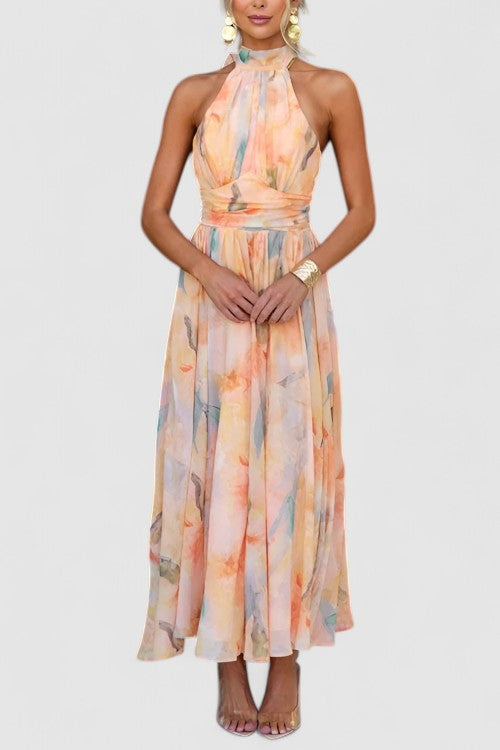 Women's long floral print halter neck maxi dress. Perfect for evening events, spring parties, or special occasions.