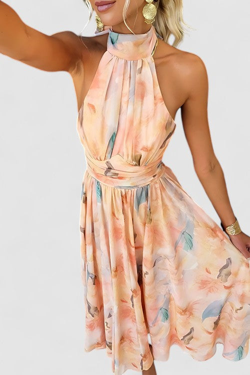 Women's sleeveless floral halter neck maxi dress. Elegant & comfortable for summer, spring, or special occasions.