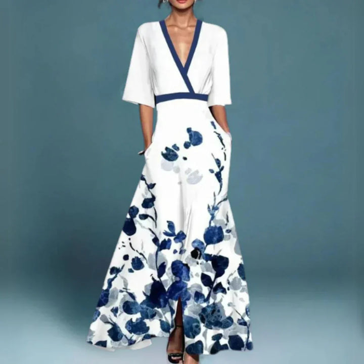 Comfortable women's flowy floral print maxi dress, ideal for casual wear or an elegant summer look.
