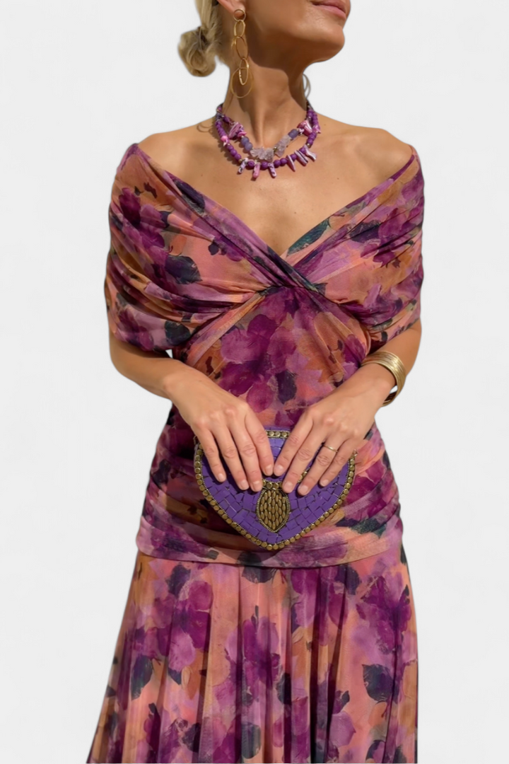 Elegant women's floral maxi dress with off-shoulder design, perfect for summer parties & events.