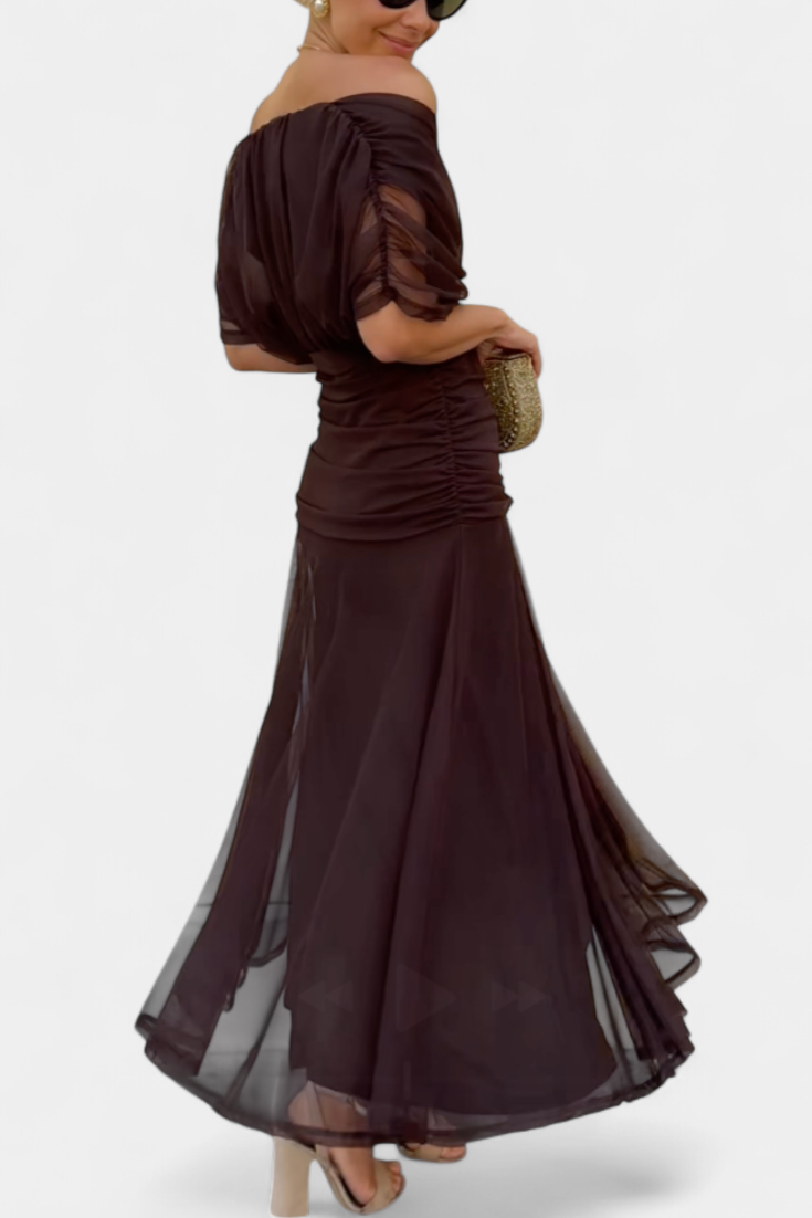 Chic off-shoulder floral maxi dress, elegant women's party gown, suitable for various events.