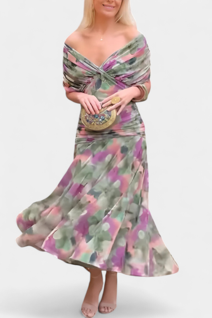 Summer floral maxi dress for women, off-shoulder design, perfect elegant party and event wear.