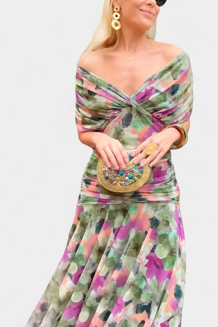 Graceful off-shoulder floral maxi gown, elegant women's dress, ideal for any special occasion.