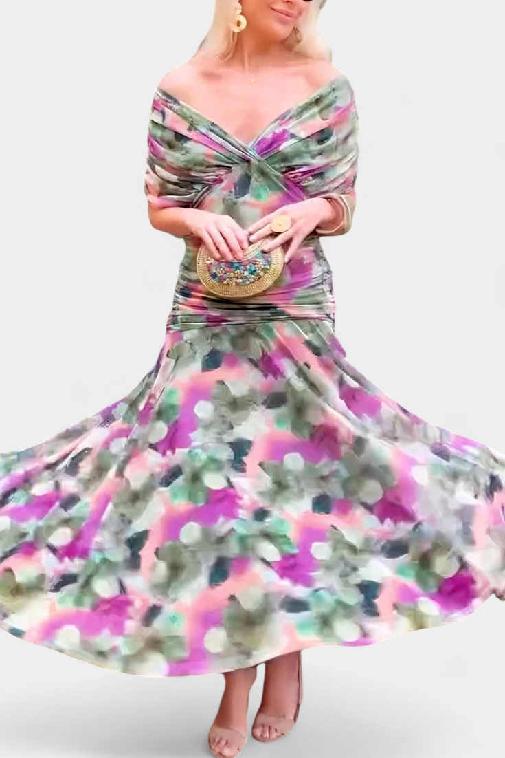 Women's elegant off-shoulder floral maxi dress, flowing fabric, perfect for sophisticated events.