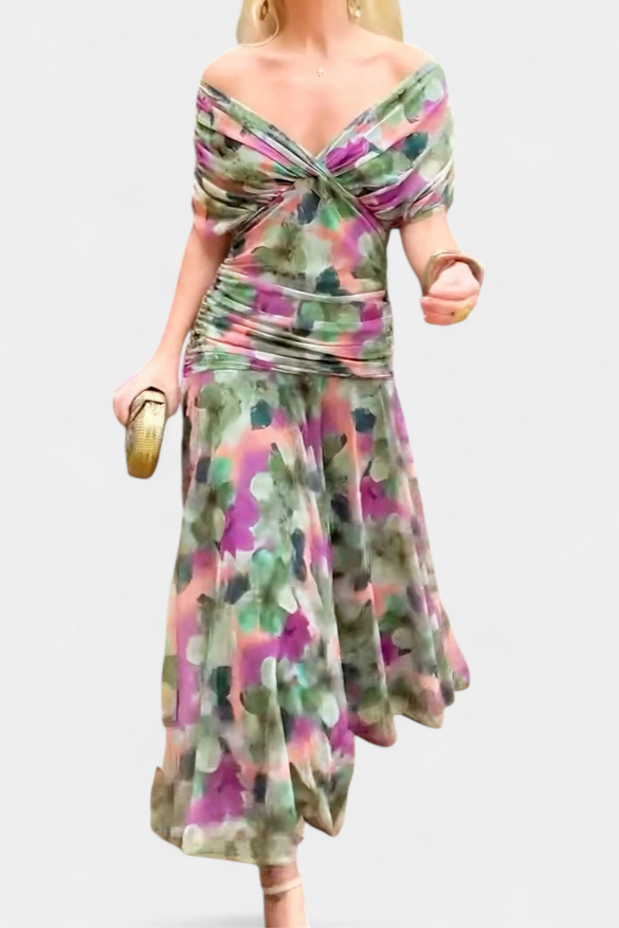 Vibrant floral off-shoulder maxi dress for women, elegant flowing gown, perfect for summer parties.