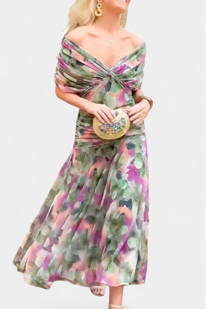 Sophisticated women's elegant floral maxi dress, off-shoulder design, ideal for formal occasions.